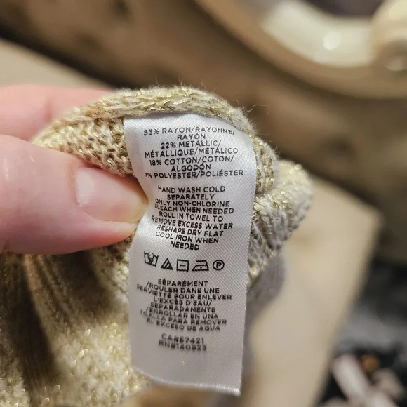 Loft Golden Metallic Crew Sweater Knit Beige Yellow Rayon size XL - Picture 3 of 9